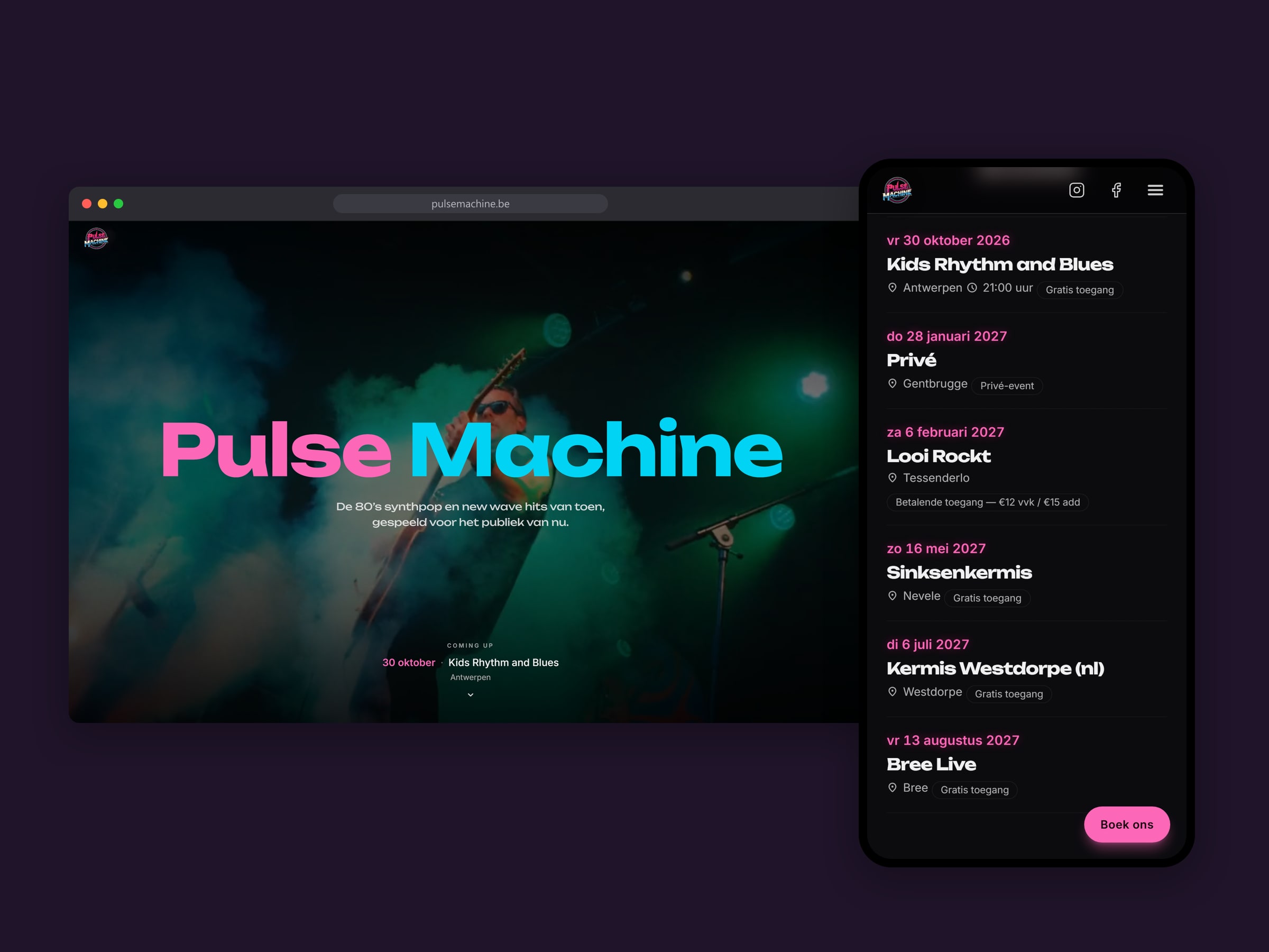 De website van Pulse Machine op een laptop en een smartphone