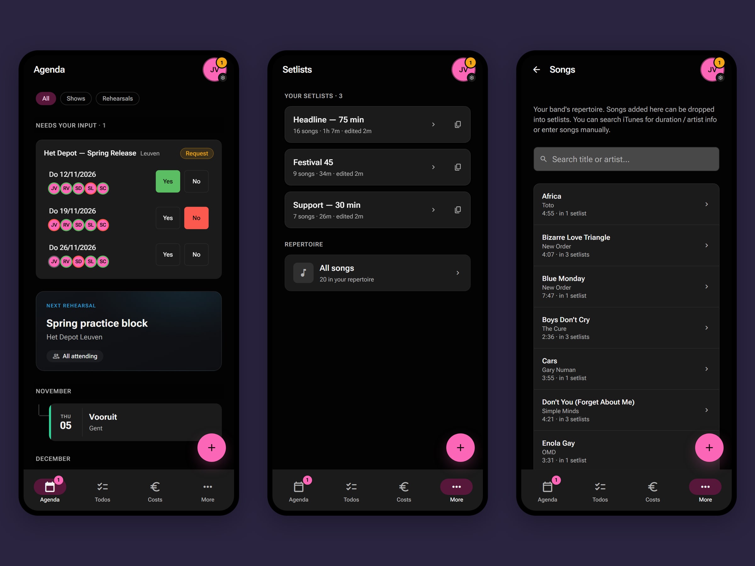Three Pulsemate app screens: agenda, setlists and songs