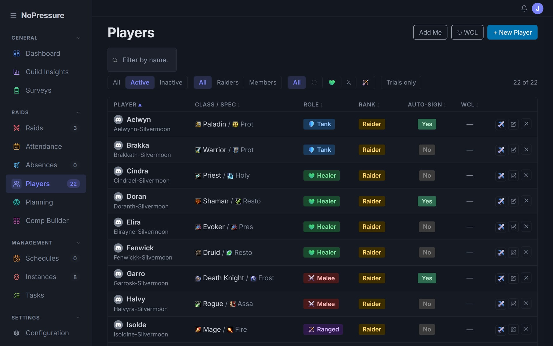 The player list in the NoPressure dashboard