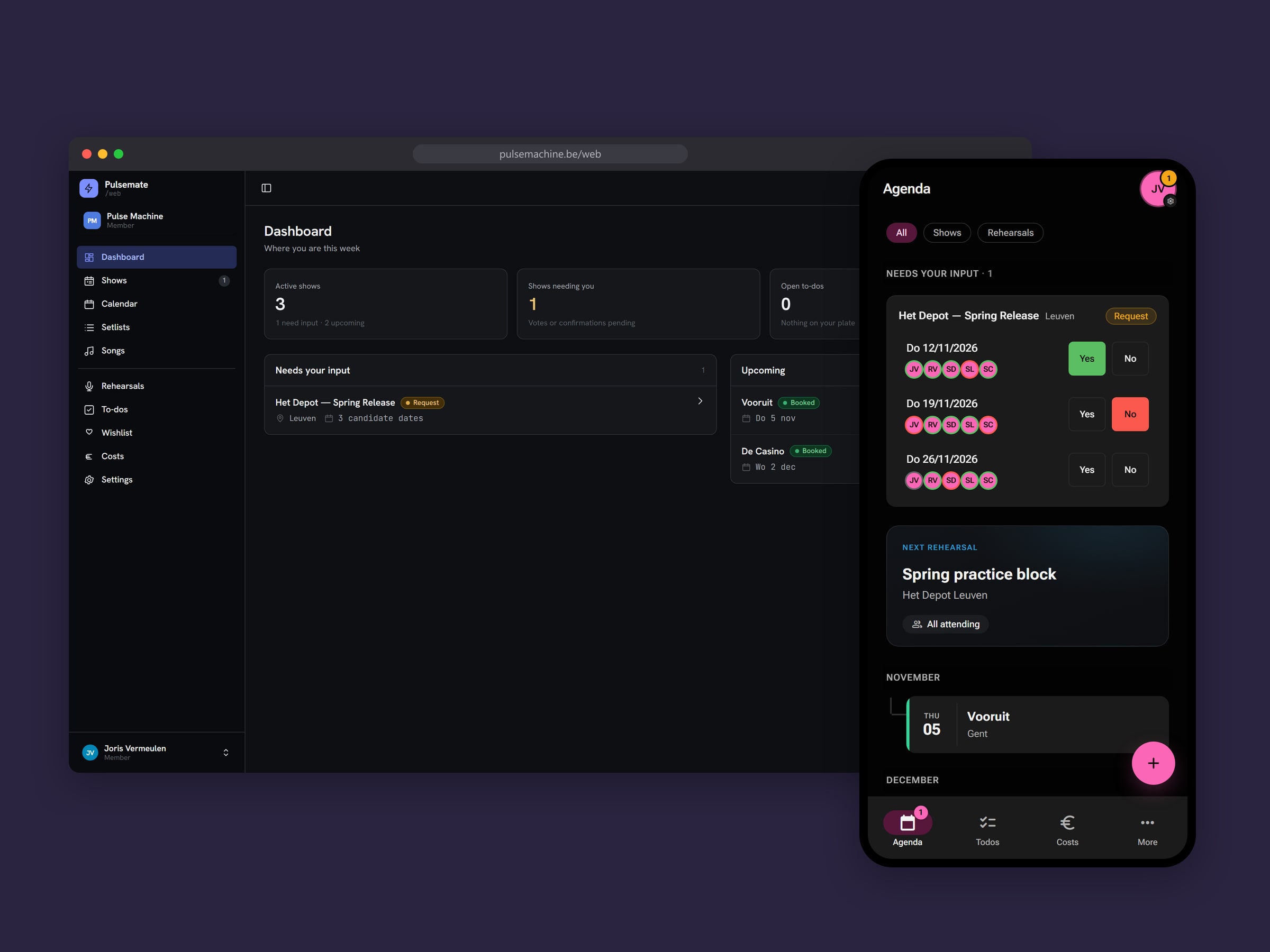 Pulsemate op een laptop en een smartphone, met demogegevens