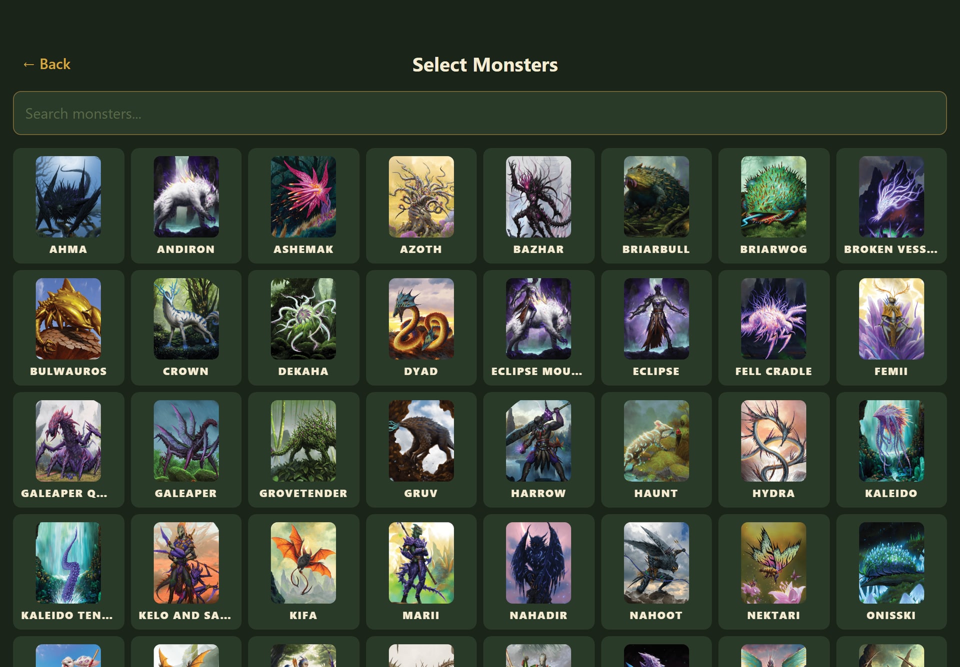 The monster picker for a custom fight